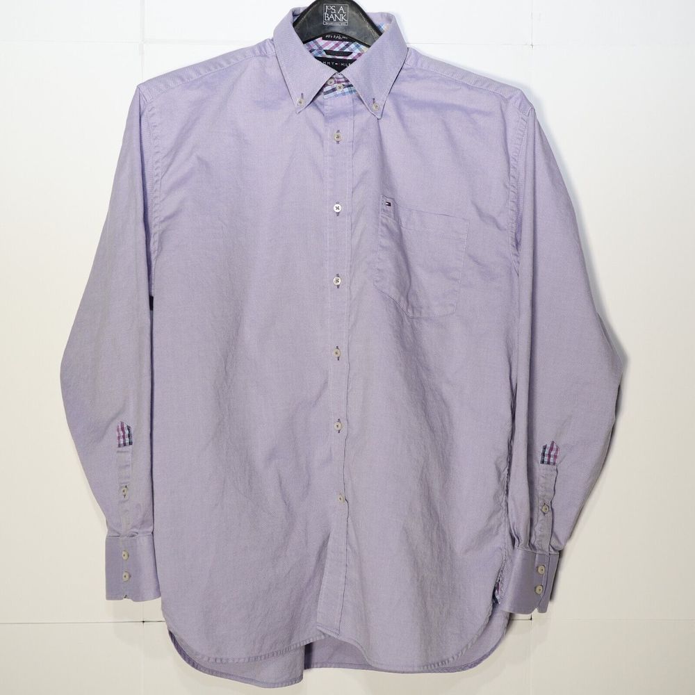 Tommy Hilfiger Mens Purple Button Down Dress Shirt Long Sleeve Collard Size L
